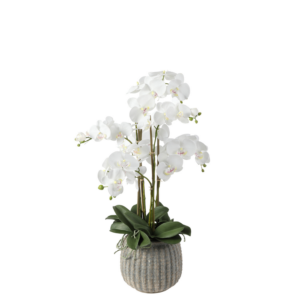 Artificial Orchid Arrangement in a Grey Vase