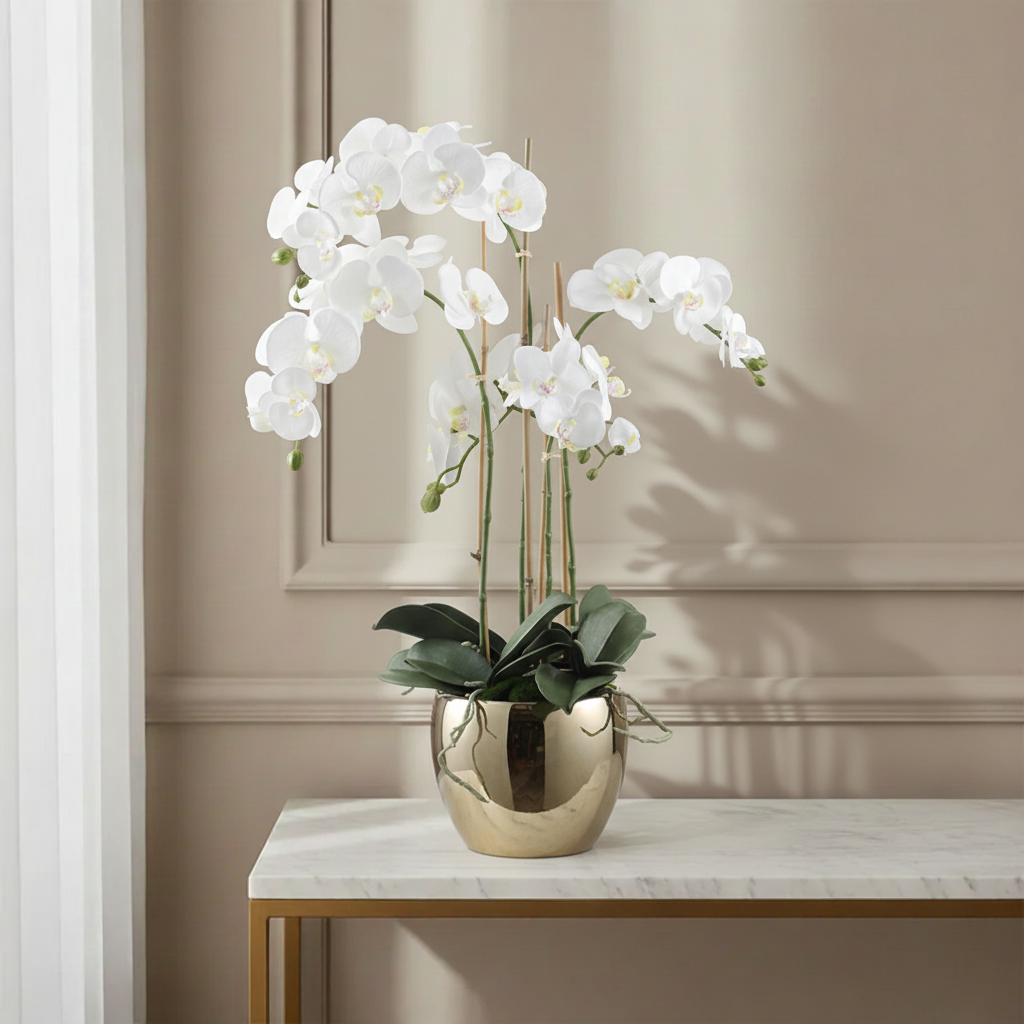 Large Artificial Orchid Arrangement with Gold Vase