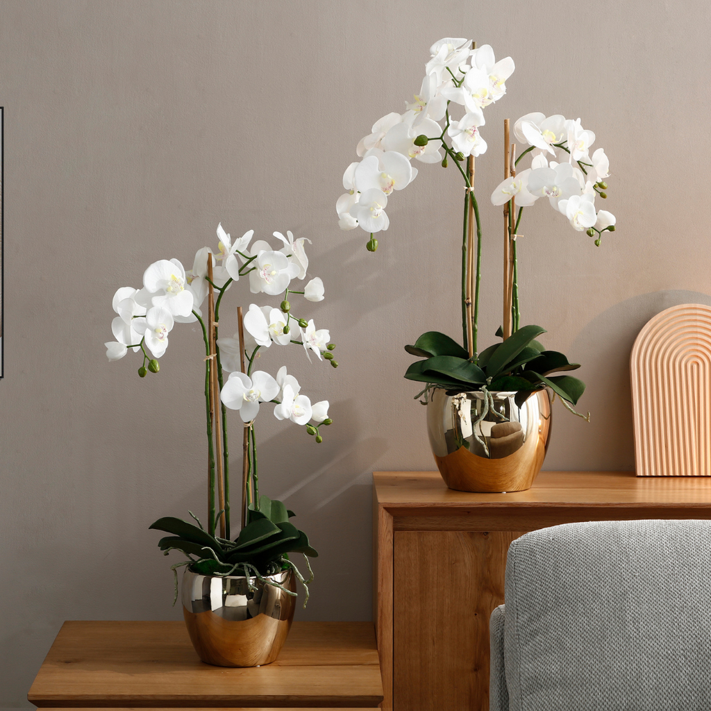 Large Artificial Orchid Arrangement with Gold Vase