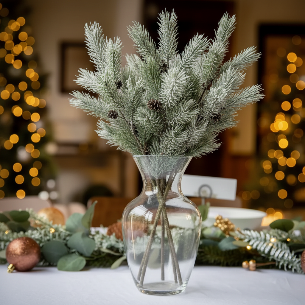 Snow-covered pine branch
