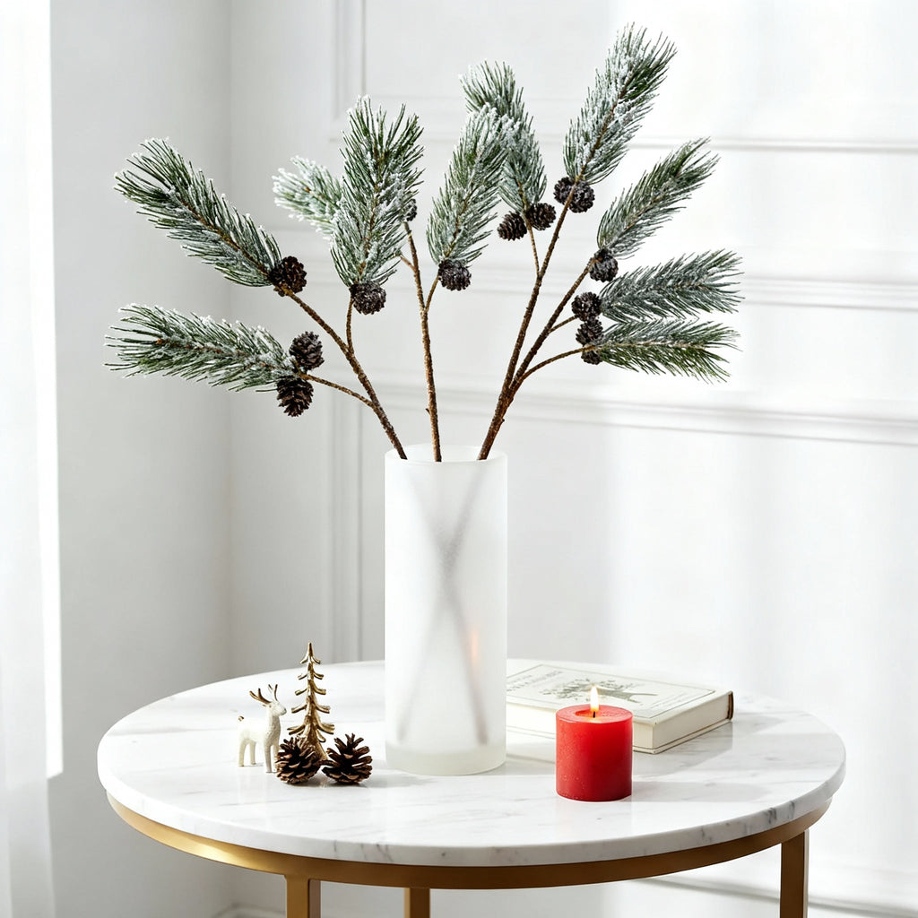 Snow-covered pine branch