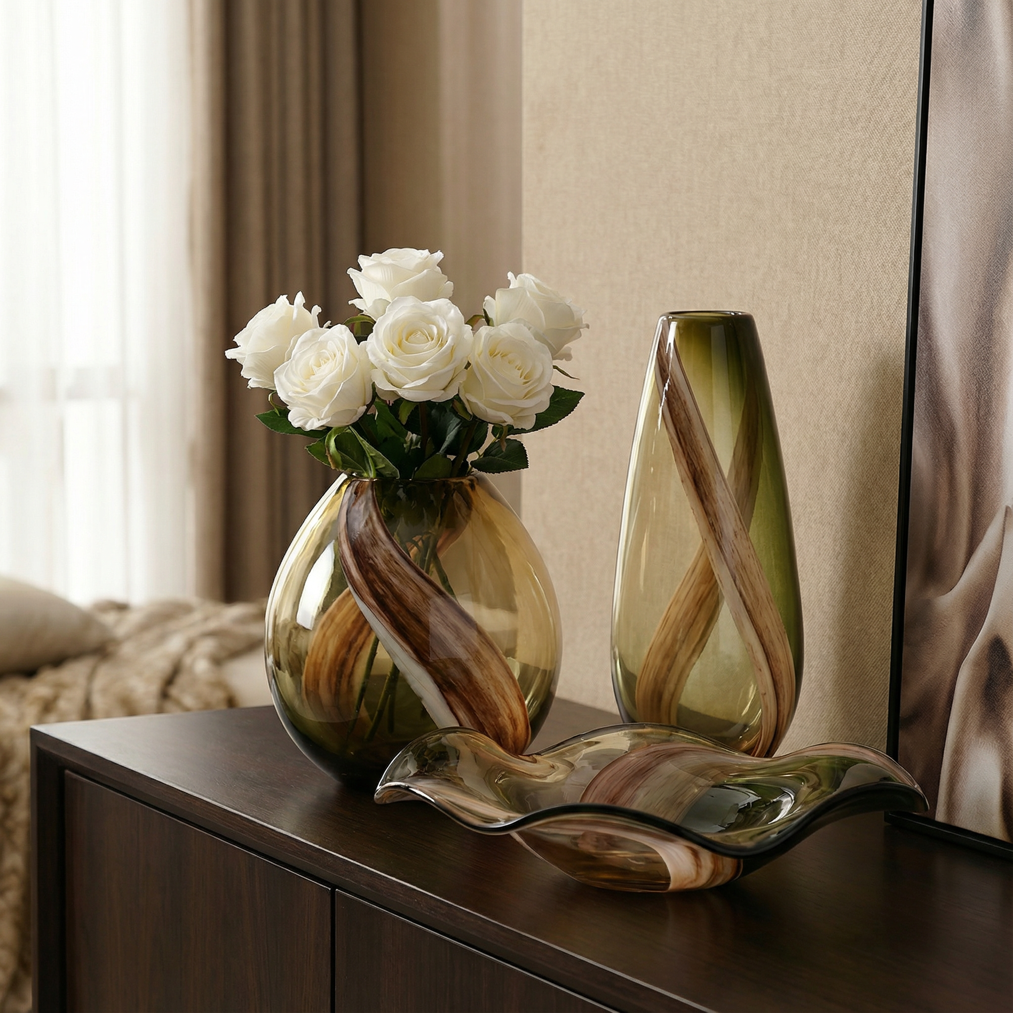 Olivine blown glass vase, 38 cm